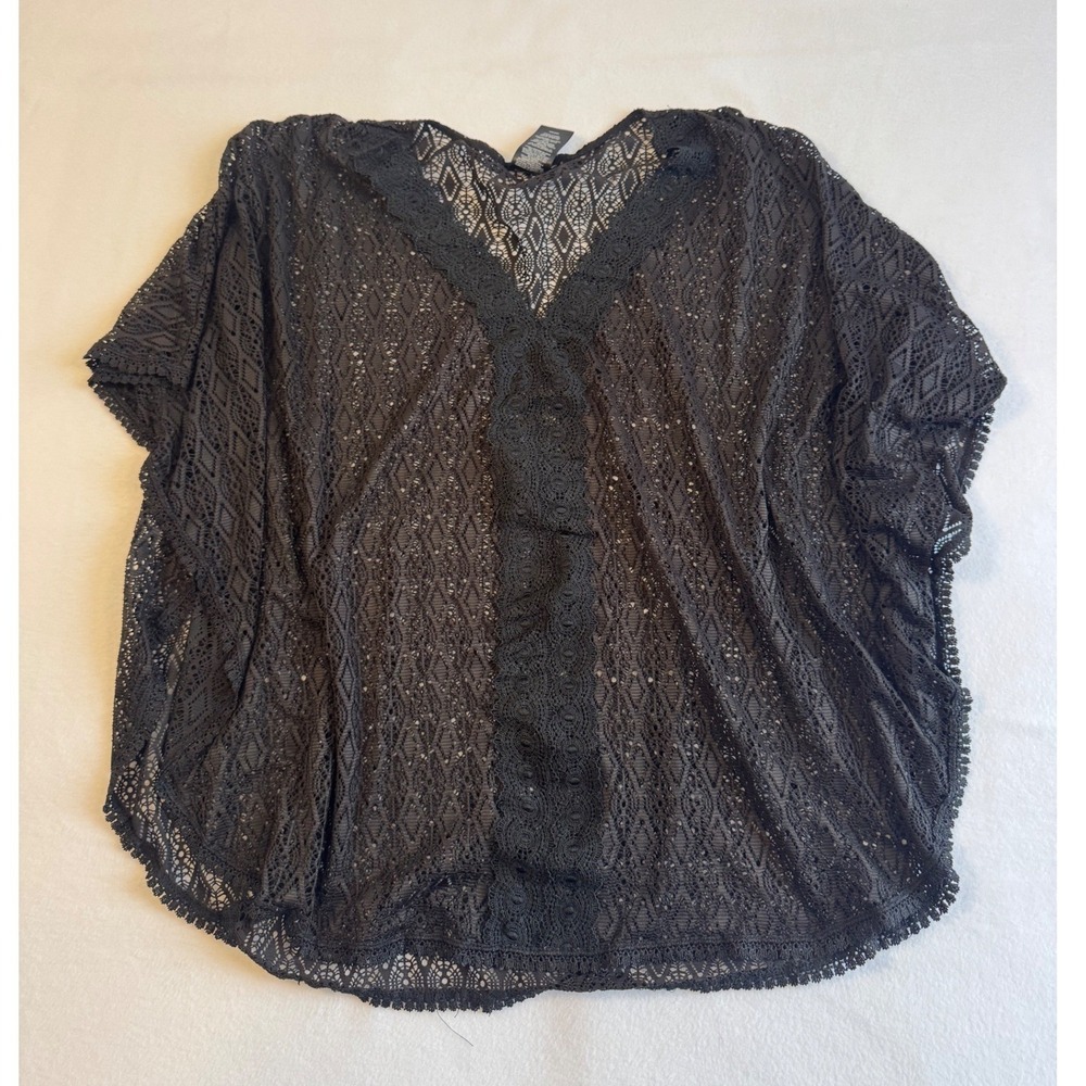 Boho Catalina Swim Cover Up Women Medium Black‎ Crochet Lace Geometric Kaftan
